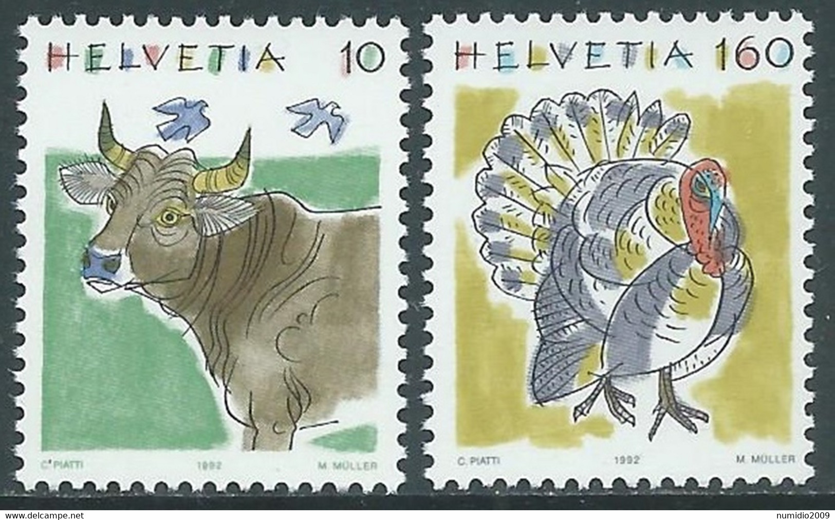 1992 SVIZZERA ANIMALI MUCCA E TACCHINO MNH ** - RD21-7 - Unused Stamps