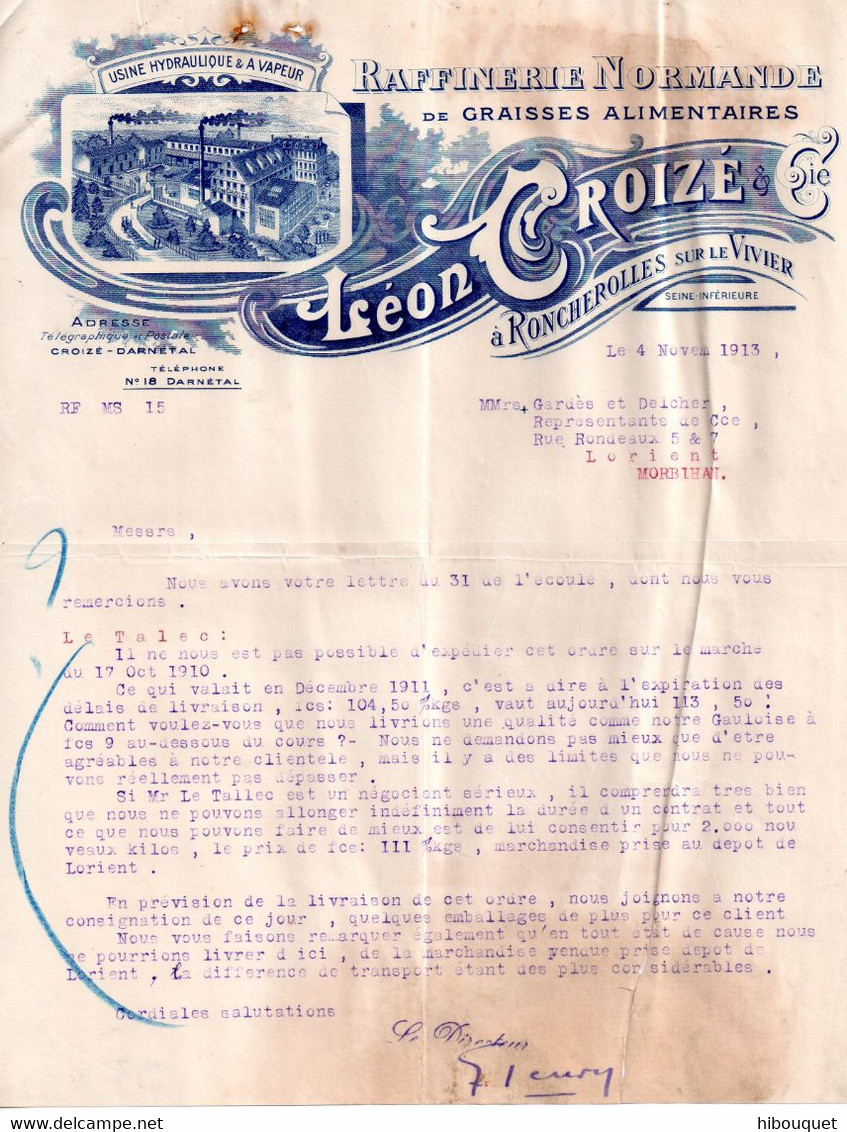 Facture (courrier) 1913, Raffinerie Normande De Graisses Alimentaires, Léon Croizé à Roncherolles Sur Le Vivier - 1900 – 1949