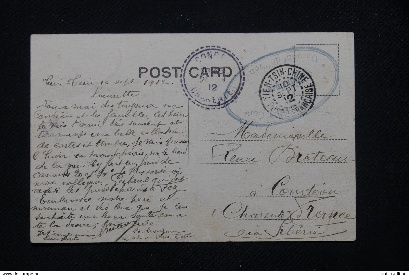 CHINE - Oblitération " Tien-Tsin Chine Poste Française " En 1912 Sur Carte Postale ( Timbre Hong Kong Rajouté) - L 78675 - Lettres & Documents