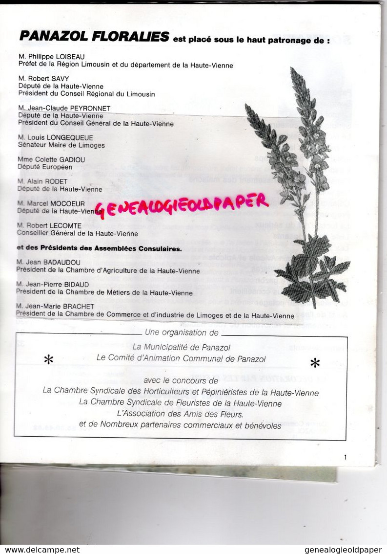 87 -PANAZOL- FLORALIES AVRIL 1989- ILLUSTRATION MICHALLON- CAISSE EPARGNE-BERNARD DELAGE MAIRE-DOMINIQUE LANARDE-PECAUD - Limousin