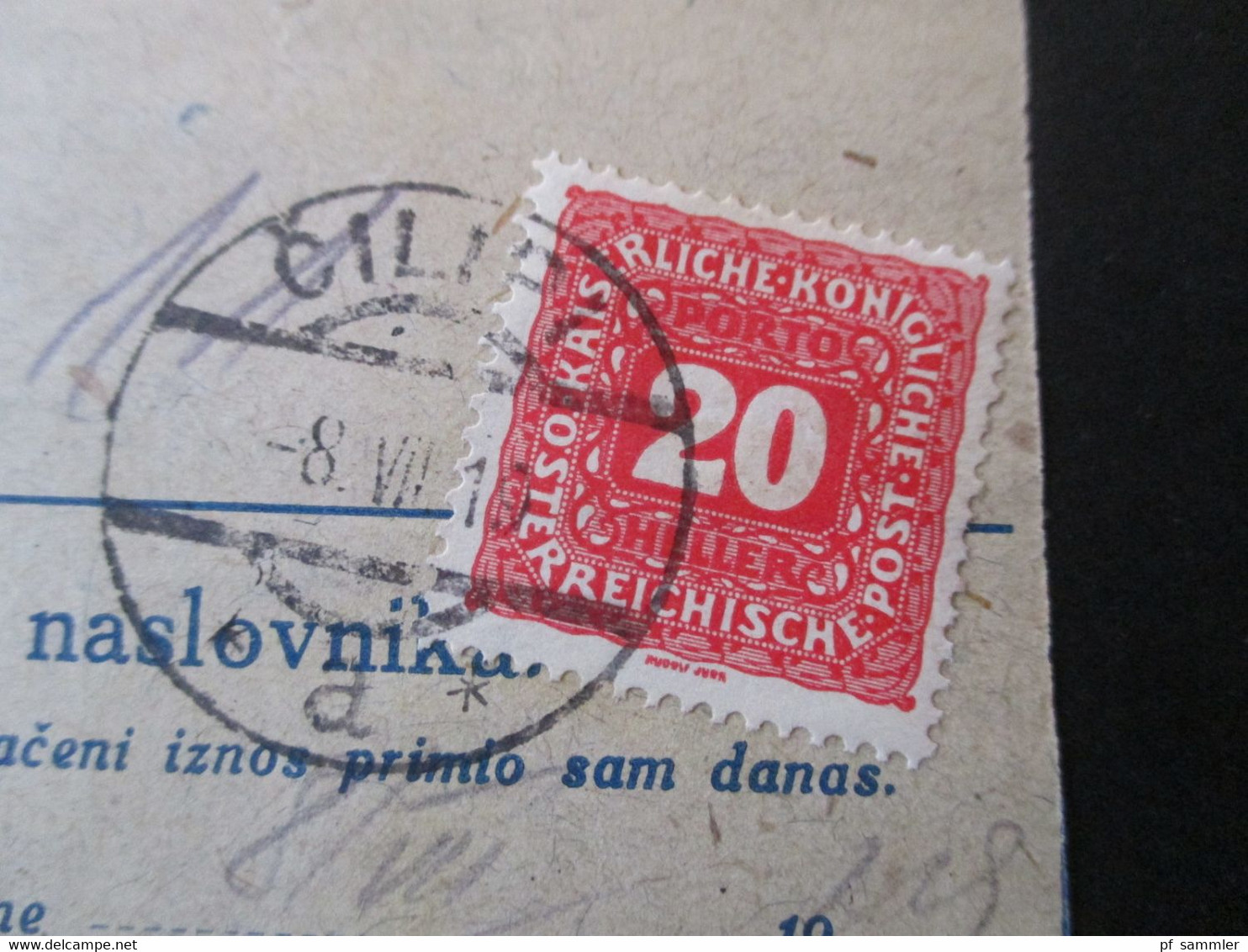 Kroatien / Jugoslawien / SHS 1919  Postanweisung Zagreb - Cilipi Mit Ank. Stempel Und Österreich Nachporto Marke Nr. 50 - Cartas & Documentos