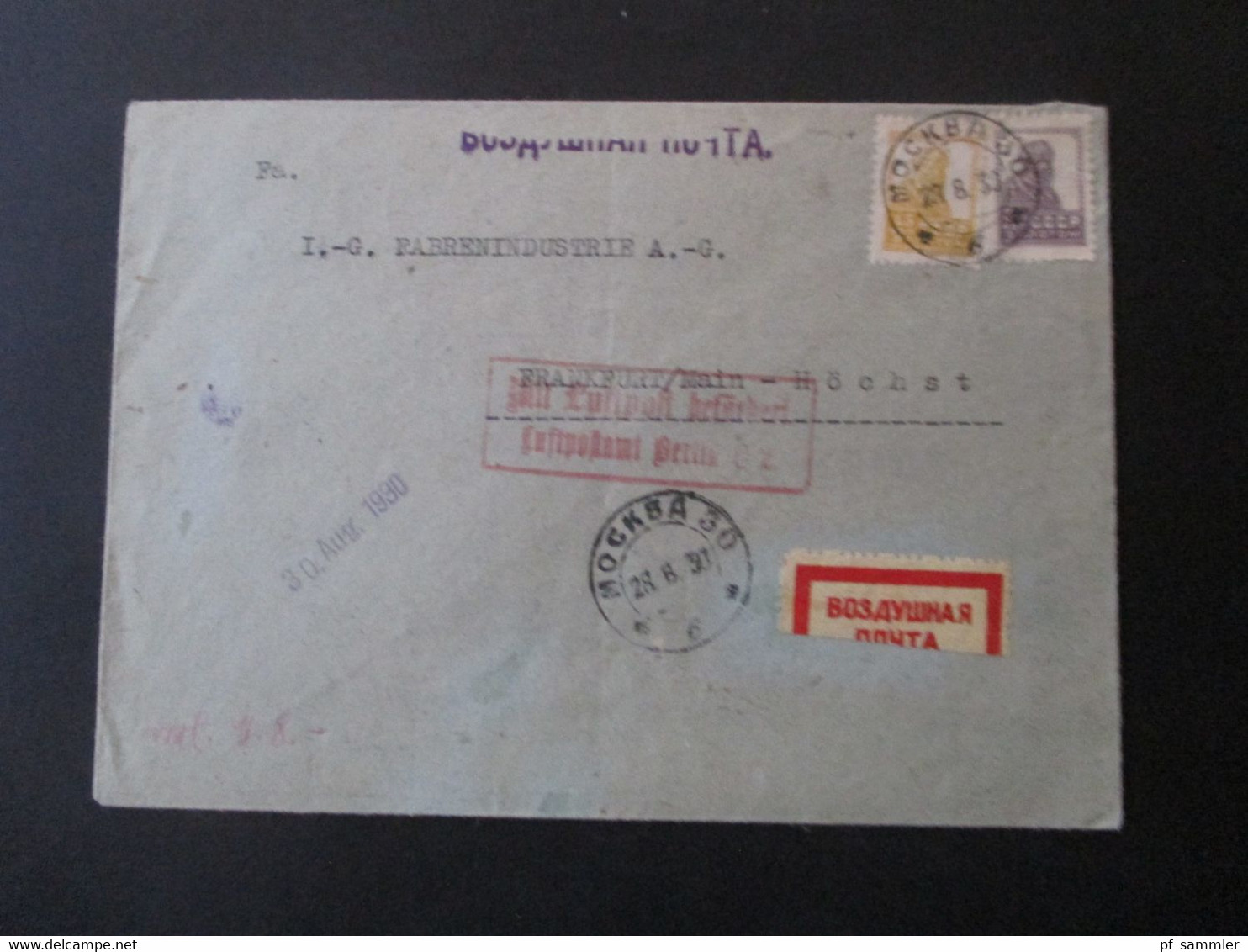 Russland 1930 Moskau - Frankfurt Einschreiben Luftpostbrief Roter Stempel Ra2 Mit Luftpost Befördert Luftpostamt Berlin - Brieven En Documenten