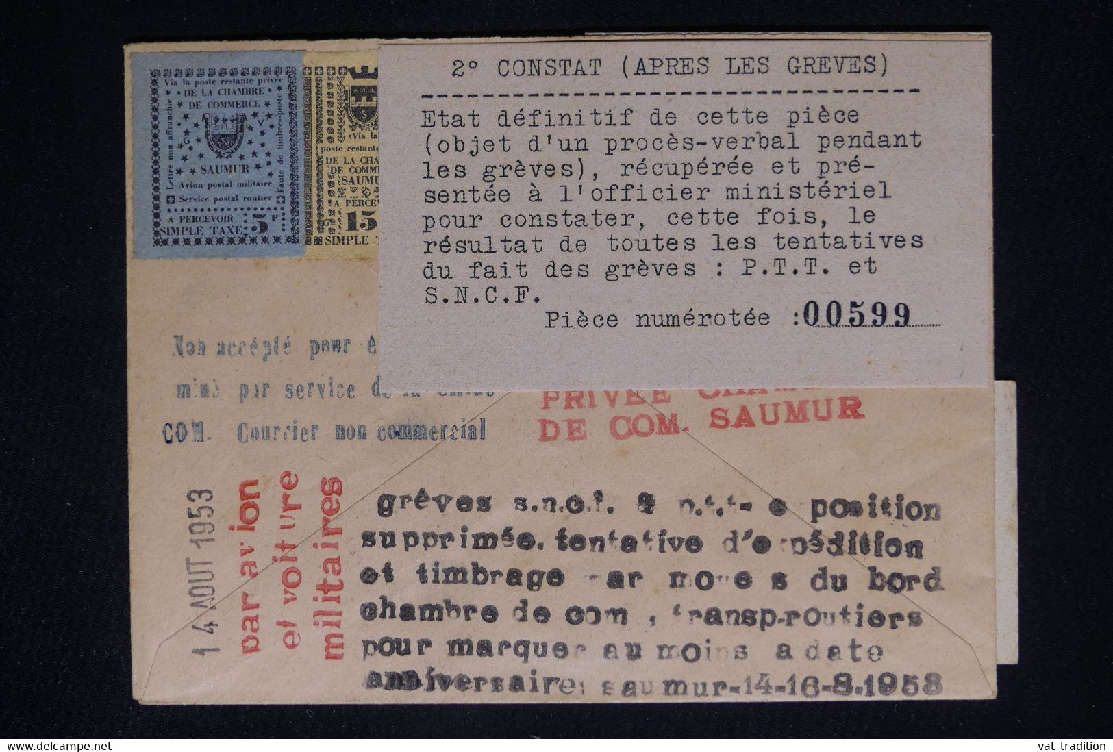 FRANCE - Enveloppe Avec Timbres De Grève De Saumur, Voyagé Par La Chambre De Commerce Hors Sac En 1953 - L 78711 - Altri & Non Classificati