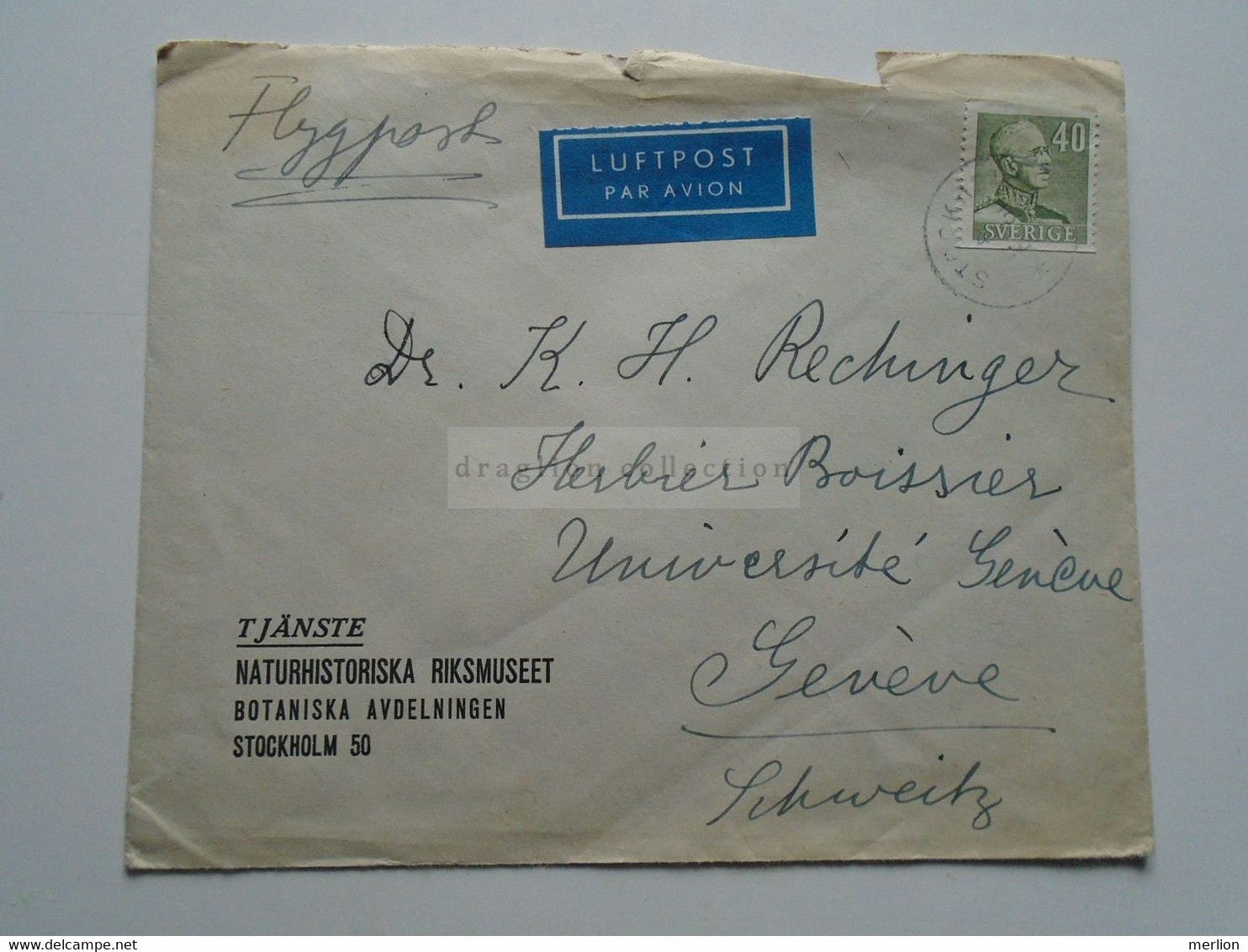 AD047.22 Sweden Sverige Cover -Botaniska Avdelningen Stockholm-1940's -sent To Dr. K.H.Rechinger Universite De Geneve - Sonstige & Ohne Zuordnung