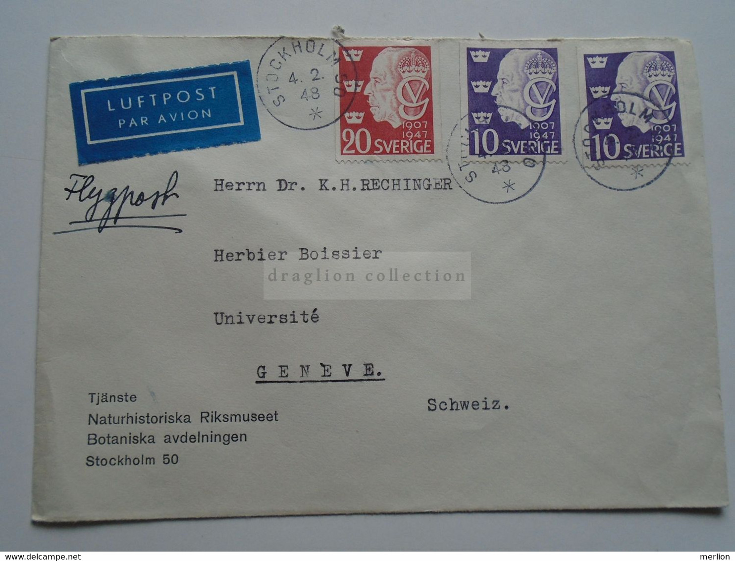 AD047.23 Sweden Sverige Cover -Botaniska Avdelningen Stockholm-1948 -sent To Dr. K.H.Rechinger Universite De Geneve - Other & Unclassified