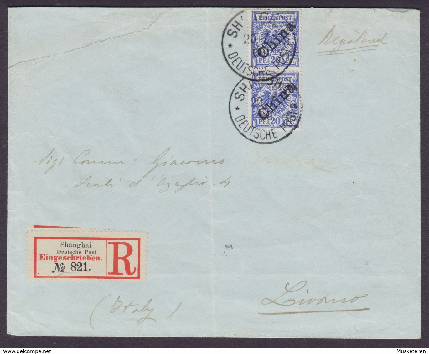 Reichspost In China Einschreiben Label SHANGHAI 1898 Cover Brief LIVORNO Italy ERROR Variety 'Broken Eagle Feather' - Deutsche Post In China