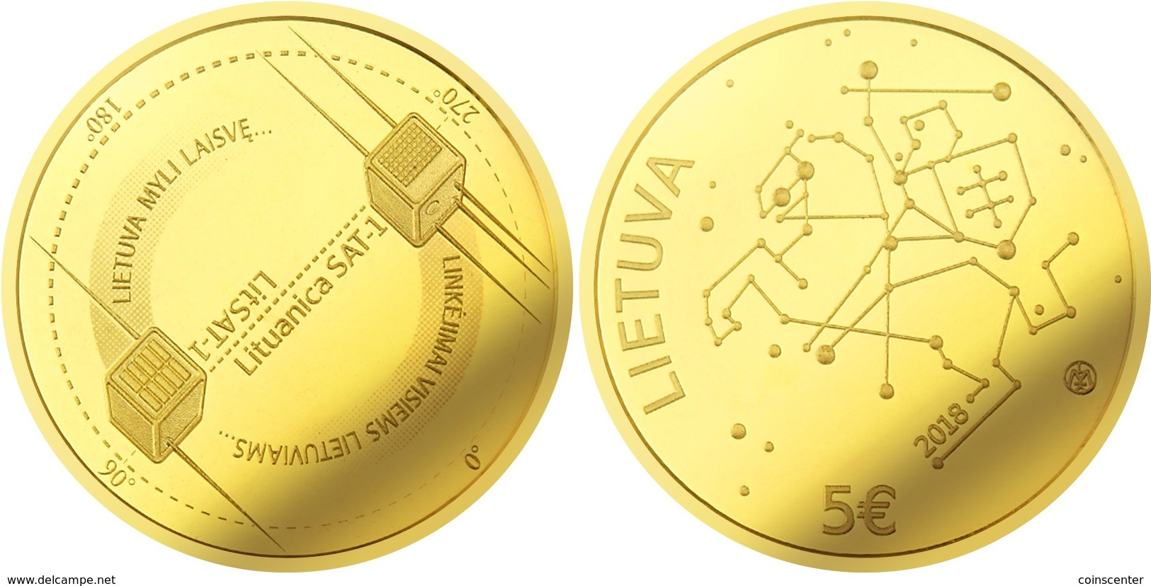 Lithuania 5 Euro 2018 "Lithuanian Science - Space, Satellites" AU Gold PROOF - Lithuania
