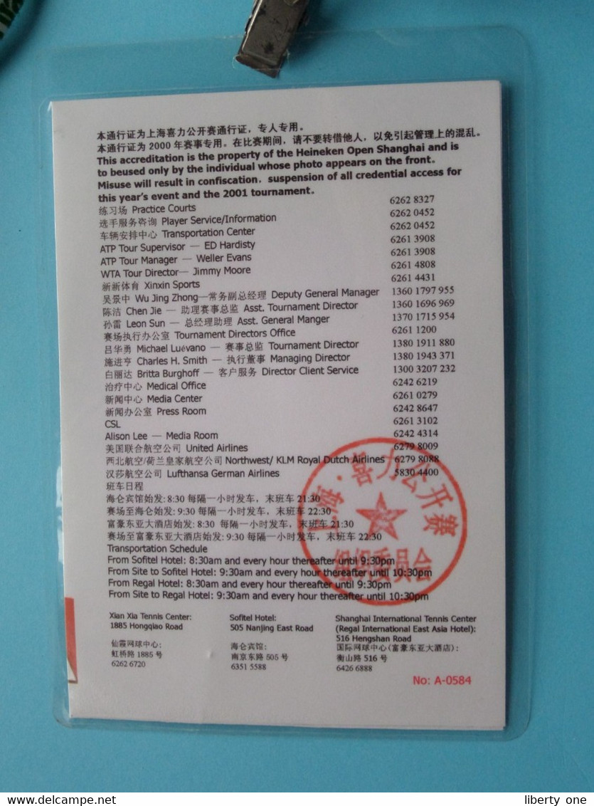 HEINEKEN OPEN SHANGHAI 2000 : CHRISTOPHE ROCHUS Belgium / Accreditation CARD / With ORIGINAL Lanyard / Cordon ! - Autres & Non Classés