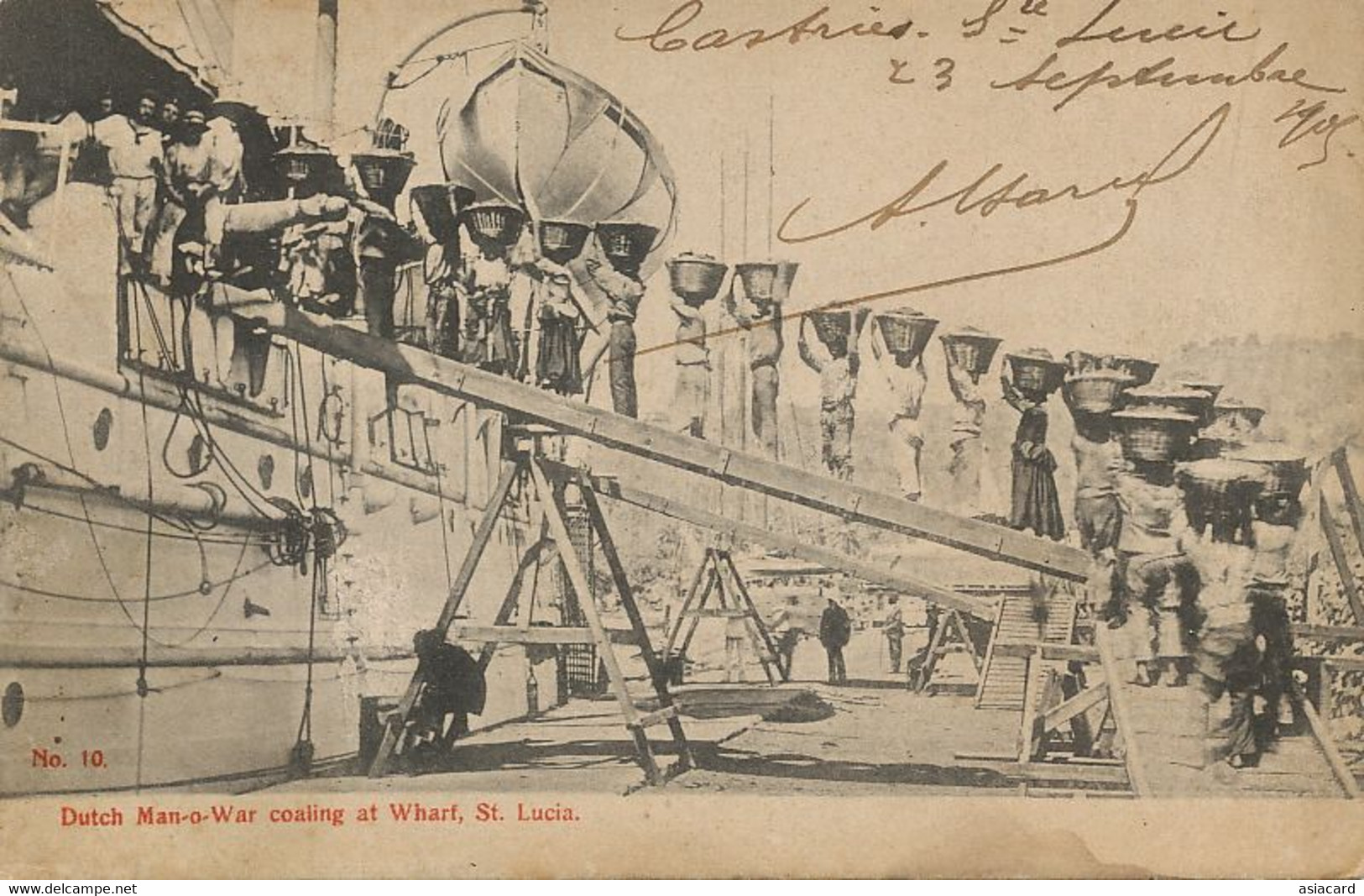 St Lucia . Sainte Lucie . Dutch Man -o- War Coaling At Wharf . Dutch Warship. Men And Women Loading Coal. Slavery - St. Lucia