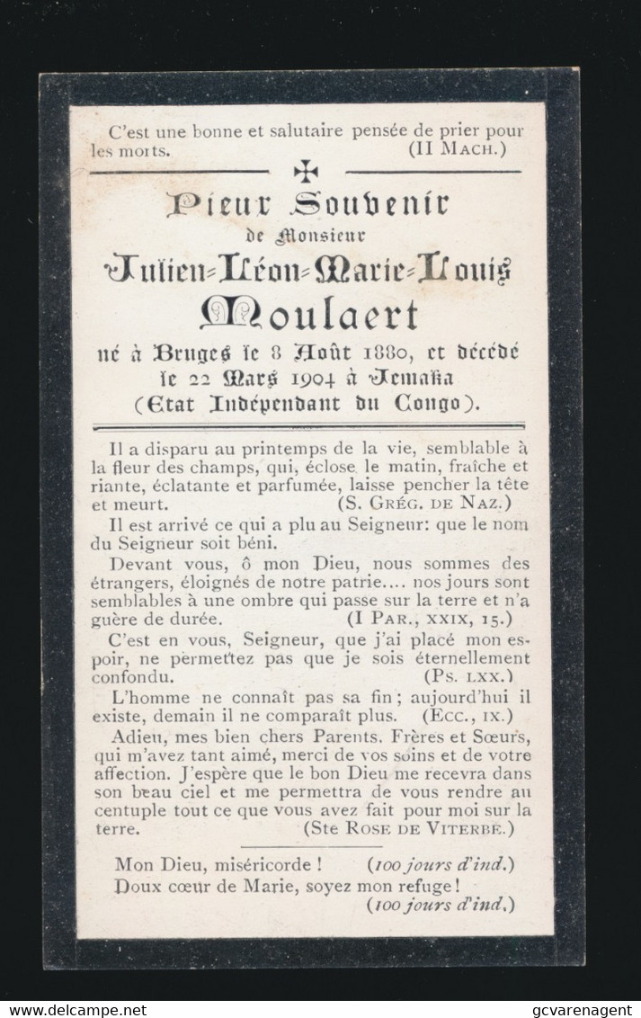 JULIEN MOULAERT  BRUGGE 1880       OVERLEDEN  CONGO JEMAKA   1904      2 SCANS - Overlijden