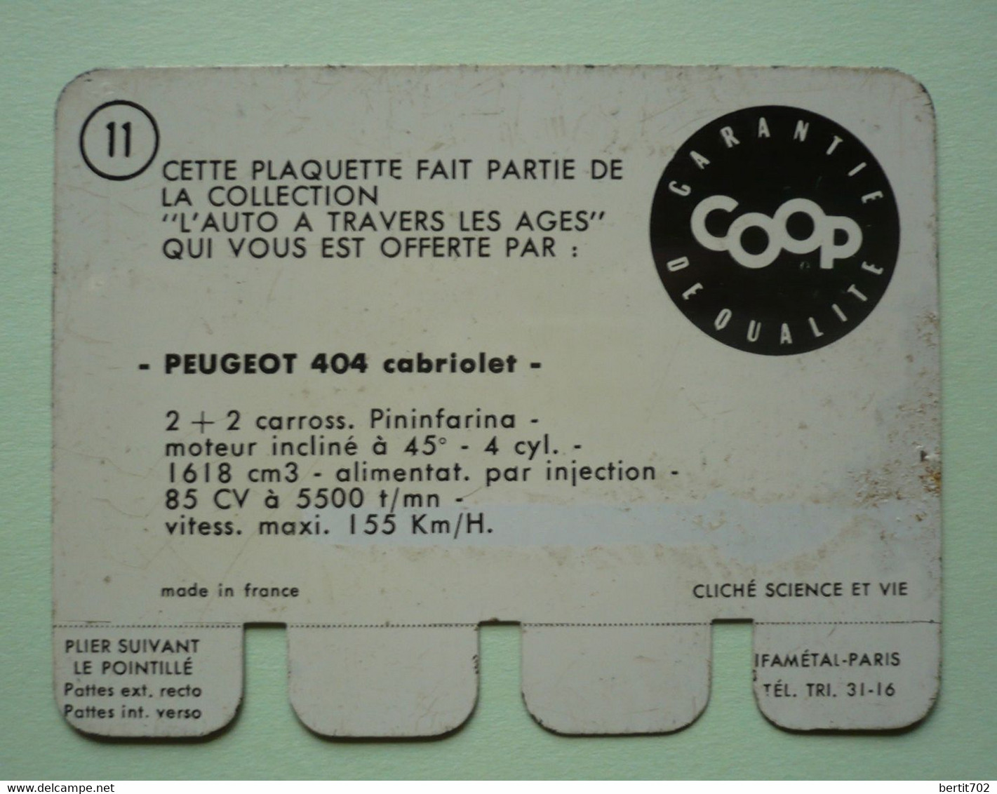 Plaquette  Tôle Pub COOP - " L'auto à Travers Les âges "-   - PEUGEOT 404 CABRIOLET - Plaques En Tôle (après 1960)