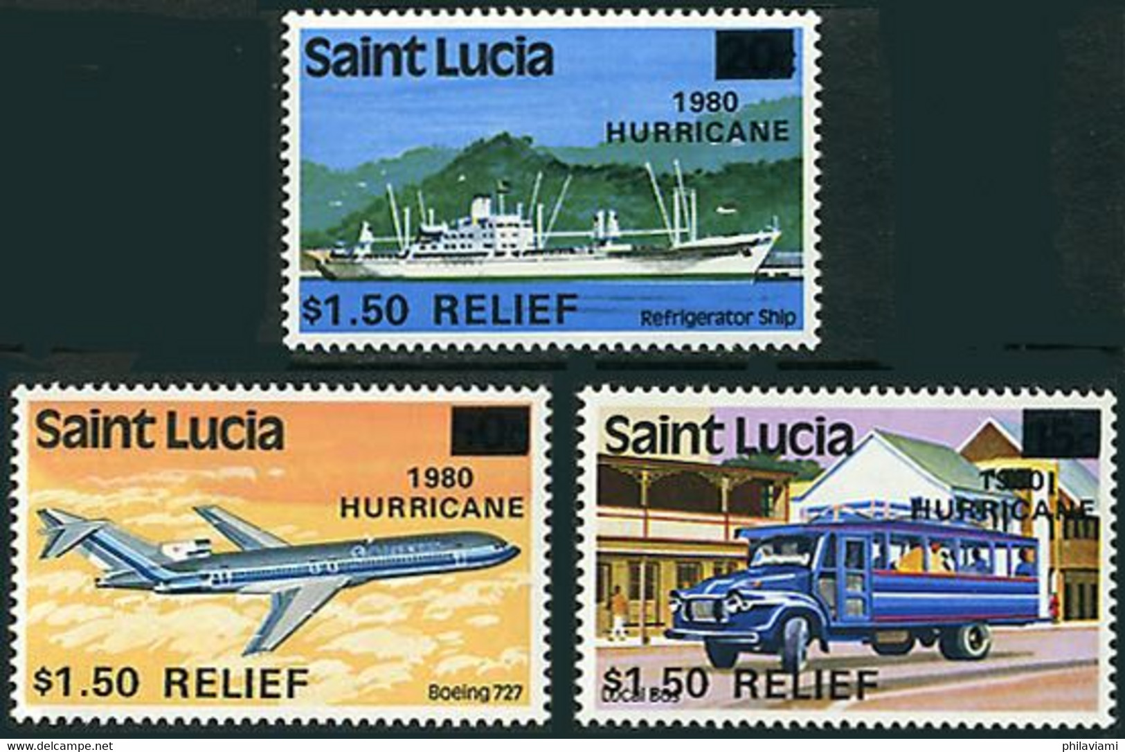 Ste Lucie Lucia 1980 Hurricane Relief  Ouragan  Navire Refrigerator Ship, Bus Local, Avion Airplane Boeing 727 Eastern - Other & Unclassified