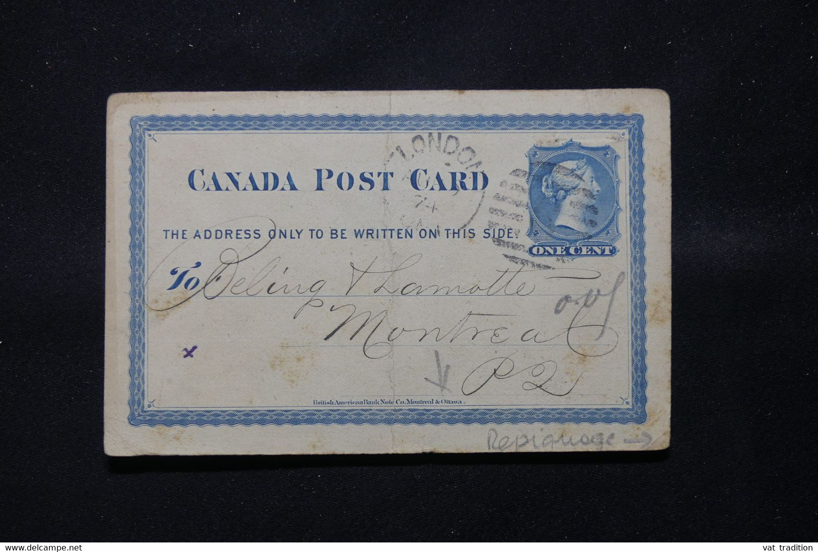 CANADA - Entier Postal Avec Repiquage Au Verso De London En 1874 Pour Montréal  - L 78807 - 1860-1899 Regno Di Victoria