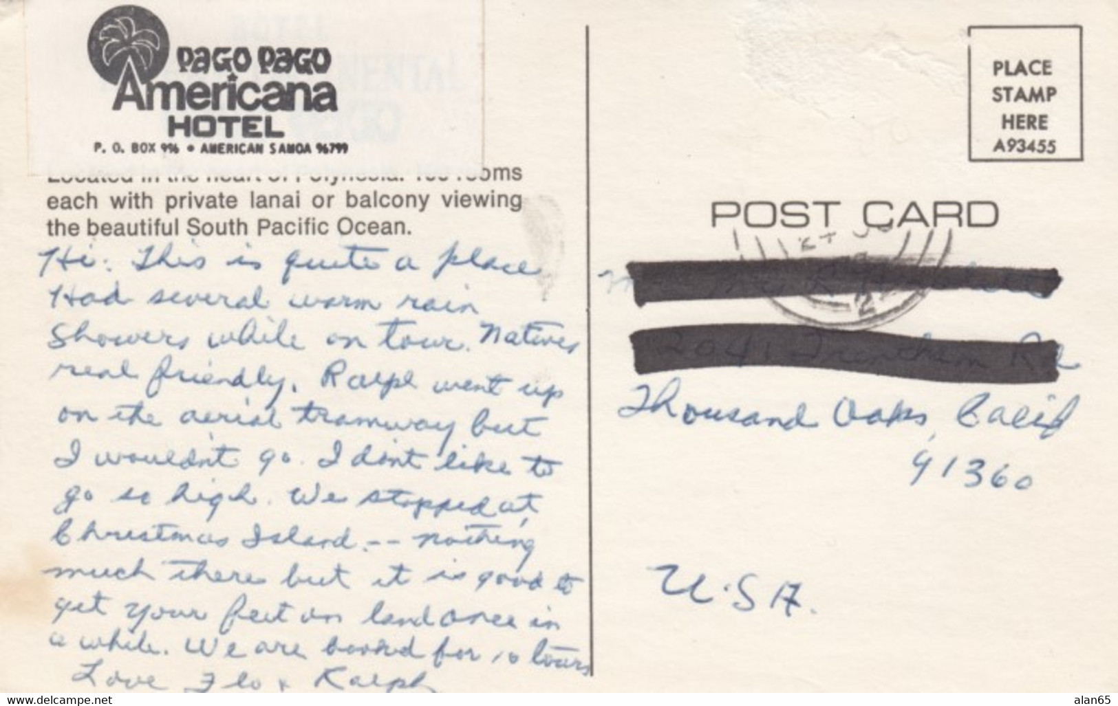 Pago Pago Samoa, Americana Hotel, View Of Harbor, Ship, C1960s/70s Vintage Postcard - Samoa