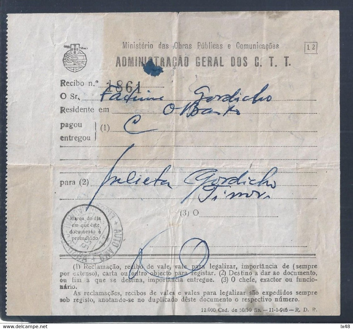 Recibo De Carta Expedida Para Timor Entregue Na Auto Ambulância Lisboa, Cadaval, Caldas Rainha Em Olival De Basto 1955 - Storia Postale