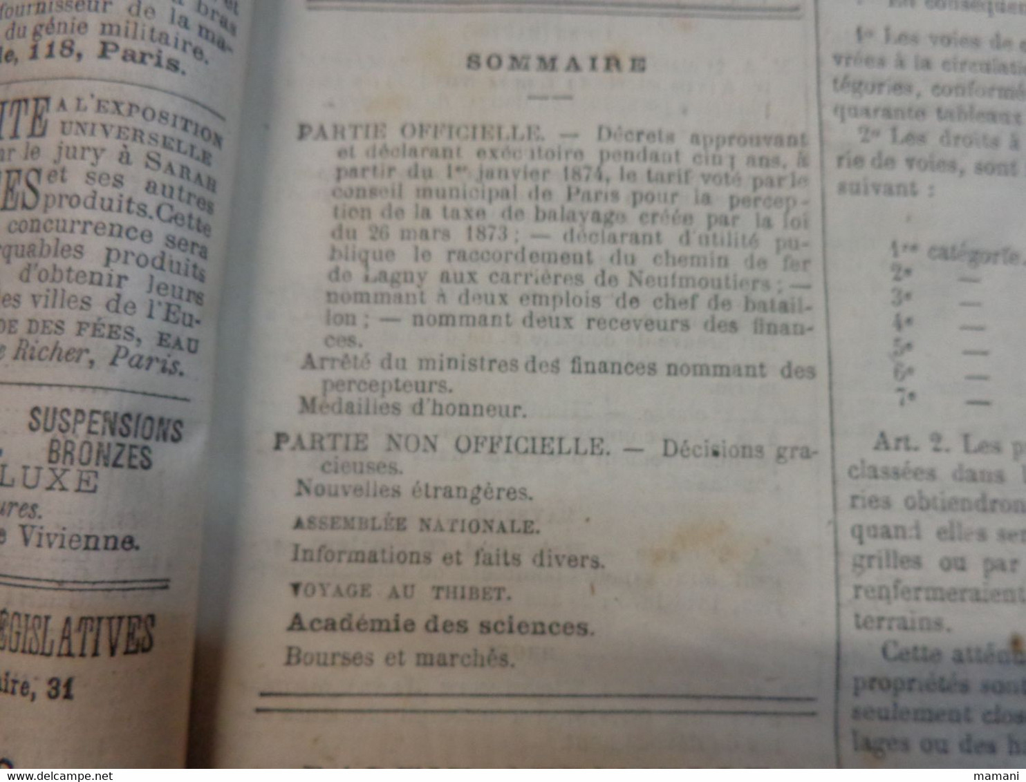 Le Journal Officiel Du 01/01/1874 Au 31/3/1894 -voyage Prjevalsky-projet Tunnel Sous La Manche-le Polaris-viviez Aveyron - 1850 - 1899