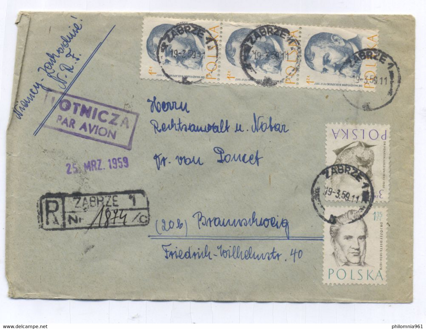 Poland ZABRZE AIRMAIL COVER TO Germany 1959 - Airplanes