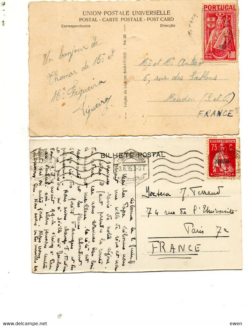 2 Timbres Du Portugal Et Açores Sur Cartes Postales Voyagées Vers La France. - Postmark Collection