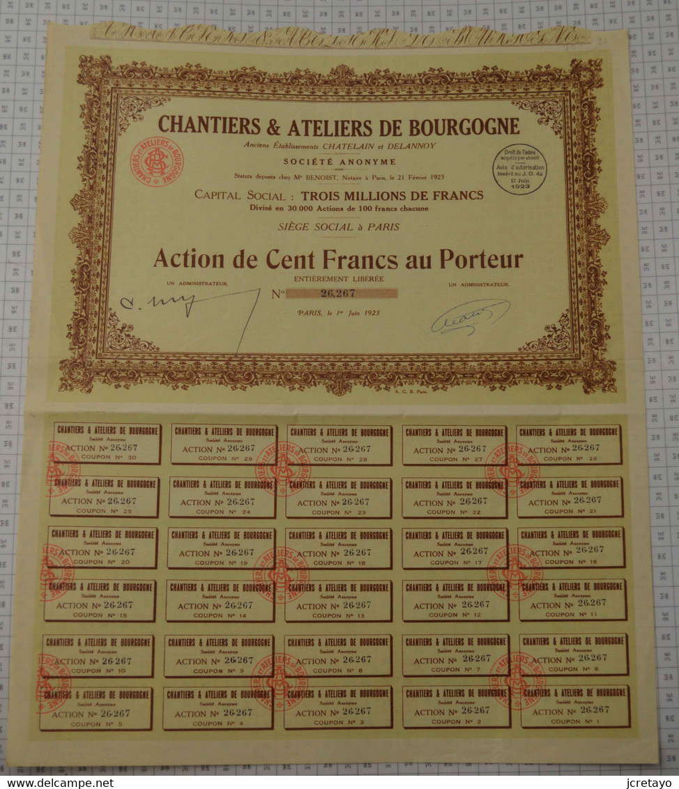 Chantiers Et Ateliers De Bourgogne, Anc Ets Chatelain Et Delannoy, Statuts Et Siege Social à Paris - Navy