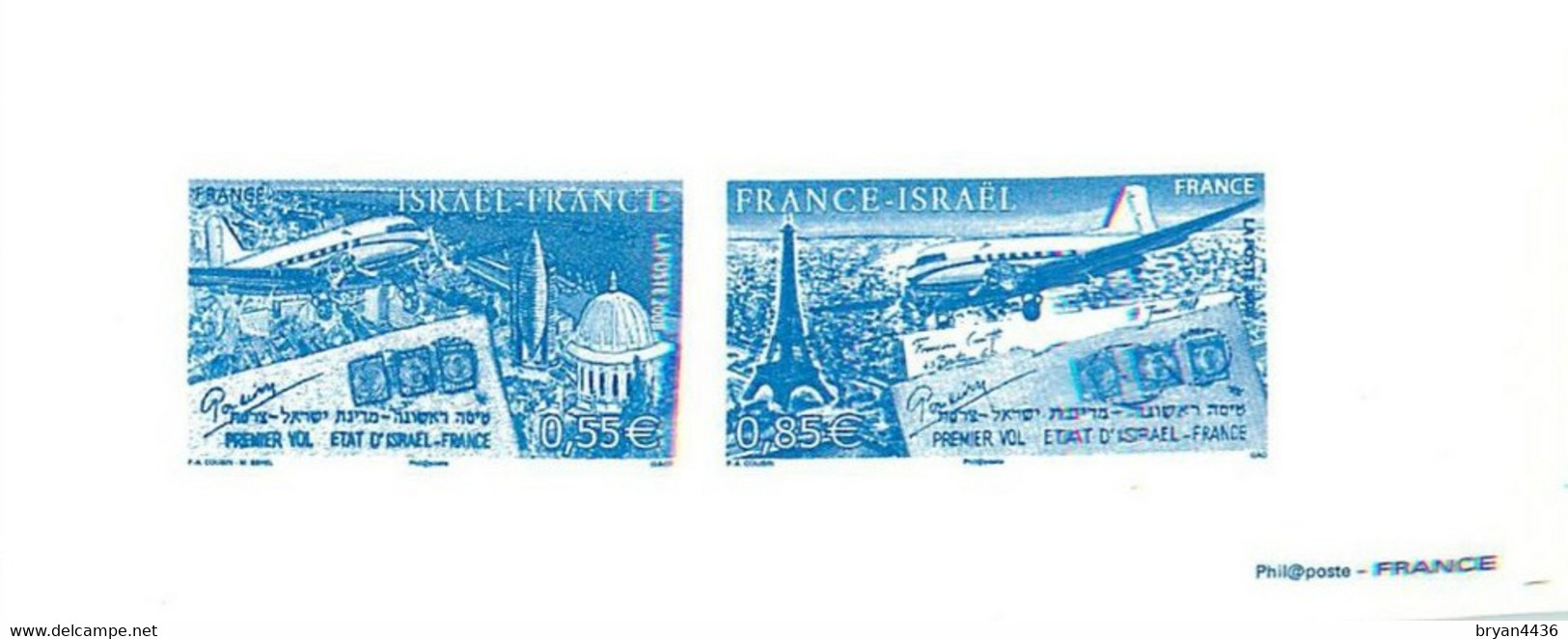 PREMIER VOL ETAT D' ISRAEL FRANCE - ISRAEL- FRANCE 0,55 € & FRANCE -ISRAEL 0,85 € - EPREUVE DE LUXE - 1948-2008 - Lettres & Documents