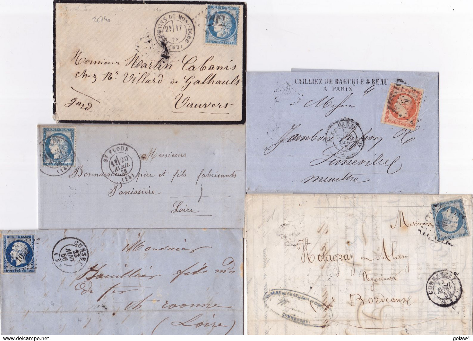 21740# LOT 5 LETTRES CLASSIQUES BAINS DU MONT DORE PUY DE DOME CUSSET ALLIER COMMENTRY PARIS N°16 ST FLOUR CANTAL - 1849-1876: Periodo Classico