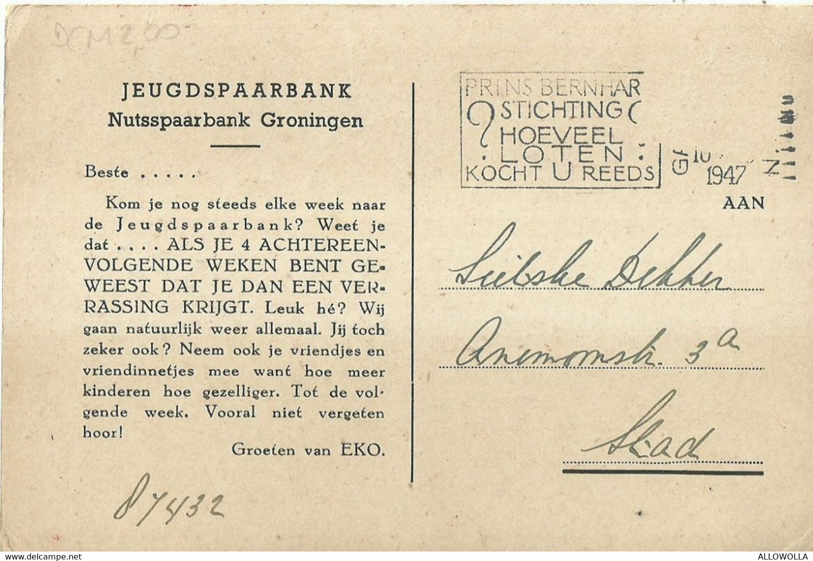 10724"PUBBLICITA' JEUGDSPAARBANK-NUTSSPAARBANK-GRONINGEN"-CART SPED 1947 - Redon