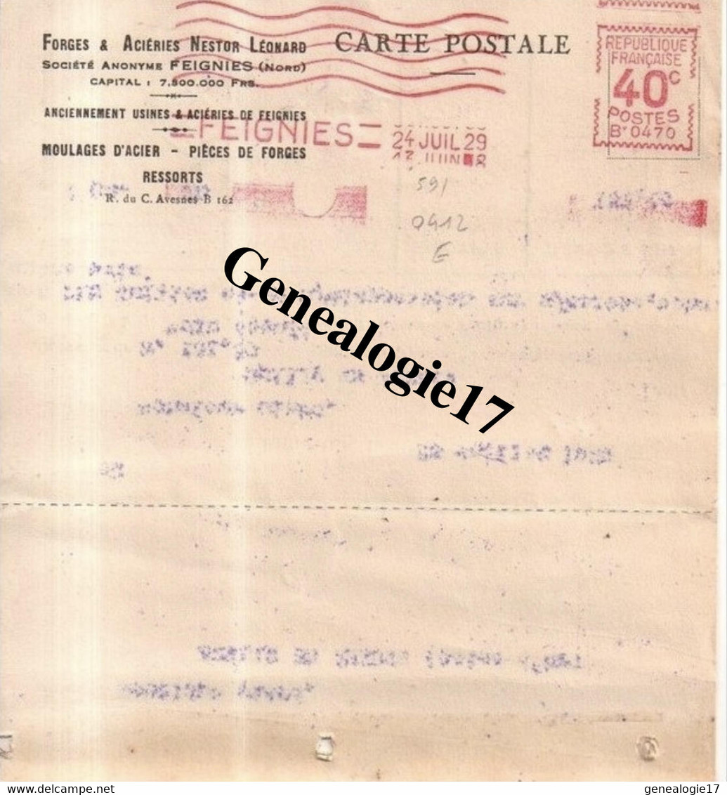 59 1109 FEIGNIES NORD 1929 Forges Et  Acieries NESTOR LEONARD - Mercanti