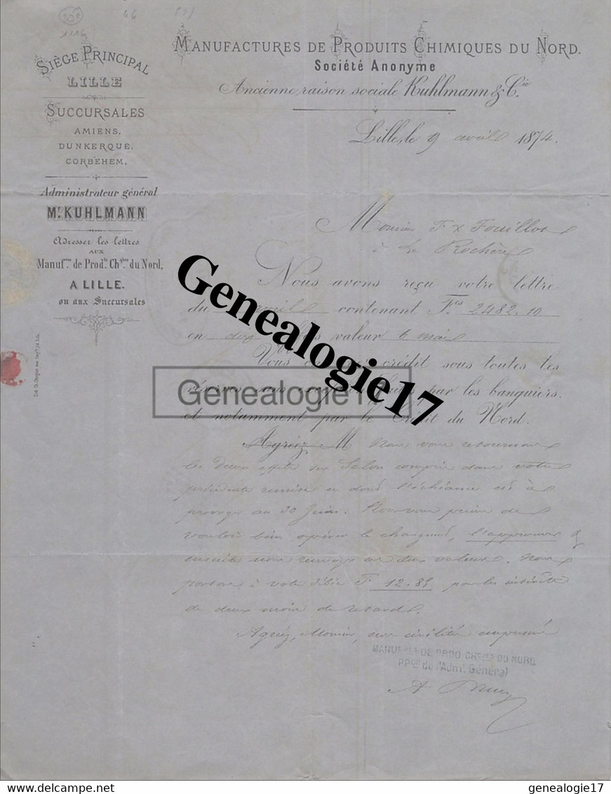 59 3847 LILLE NORD 1874 Manufacture Produits Chimiques M. KUHLMANN D AMIENS DUNKERQUE CORBEHEM A FOUILLOT La Rochere 70 - 1849-1876: Période Classique