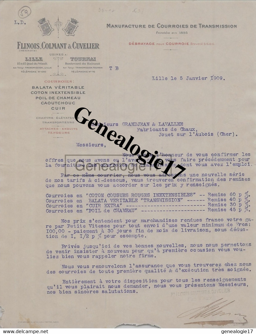 59 3994 LILLE Et TOURNAI NORD 1909 Manufacture Courroies Transmission FLINOIS COLMANT CUVELIER Quai Wault Et Bd Hainault - 1900 – 1949