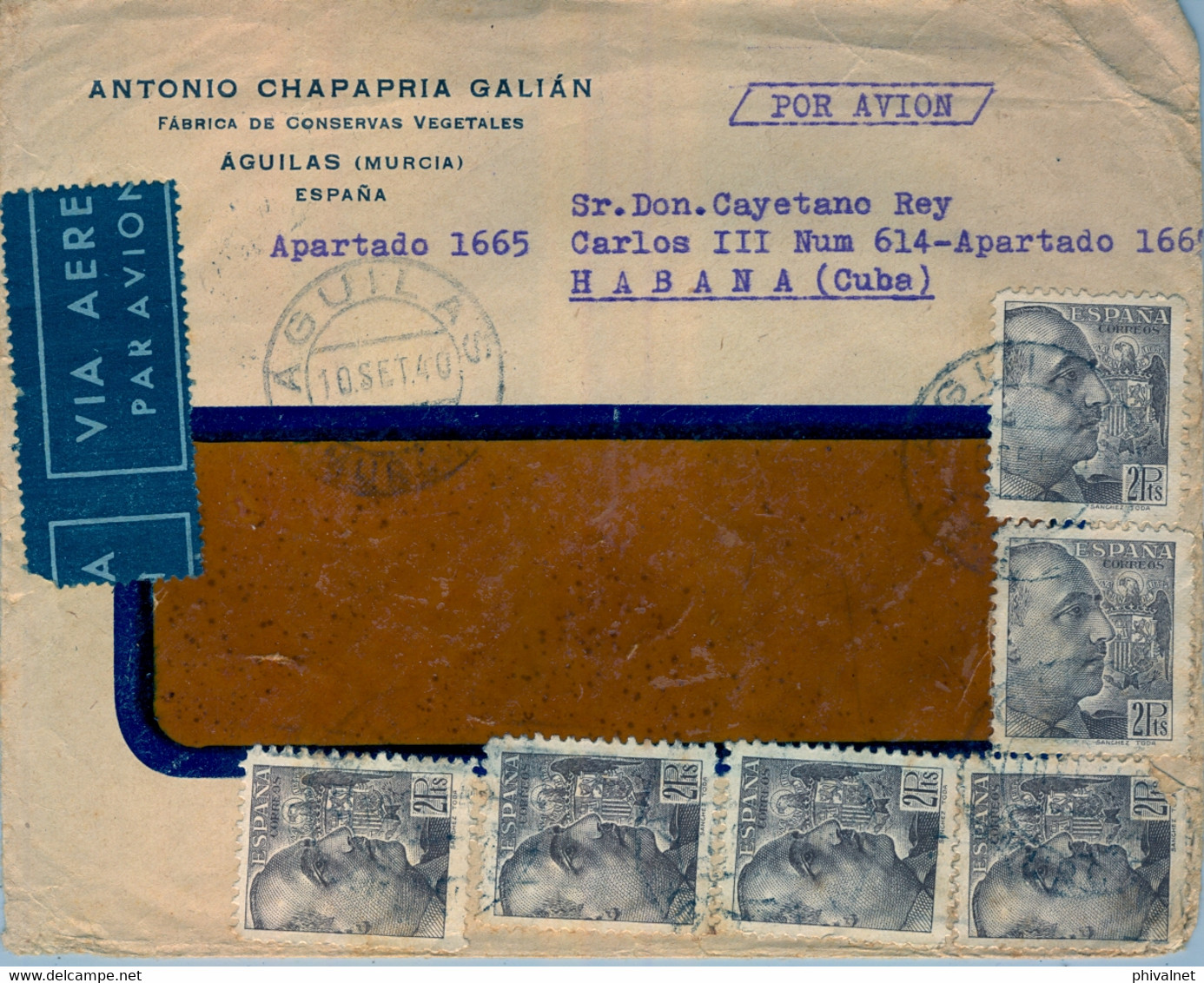 1940 , MURCIA , SOBRE CIRCULADO ENTRE ÁGUILAS Y LA HABANA , CORREO AÉREO, AMBULANTE AGUILAS - ALMENDRICOS , LLEGADA - Covers & Documents