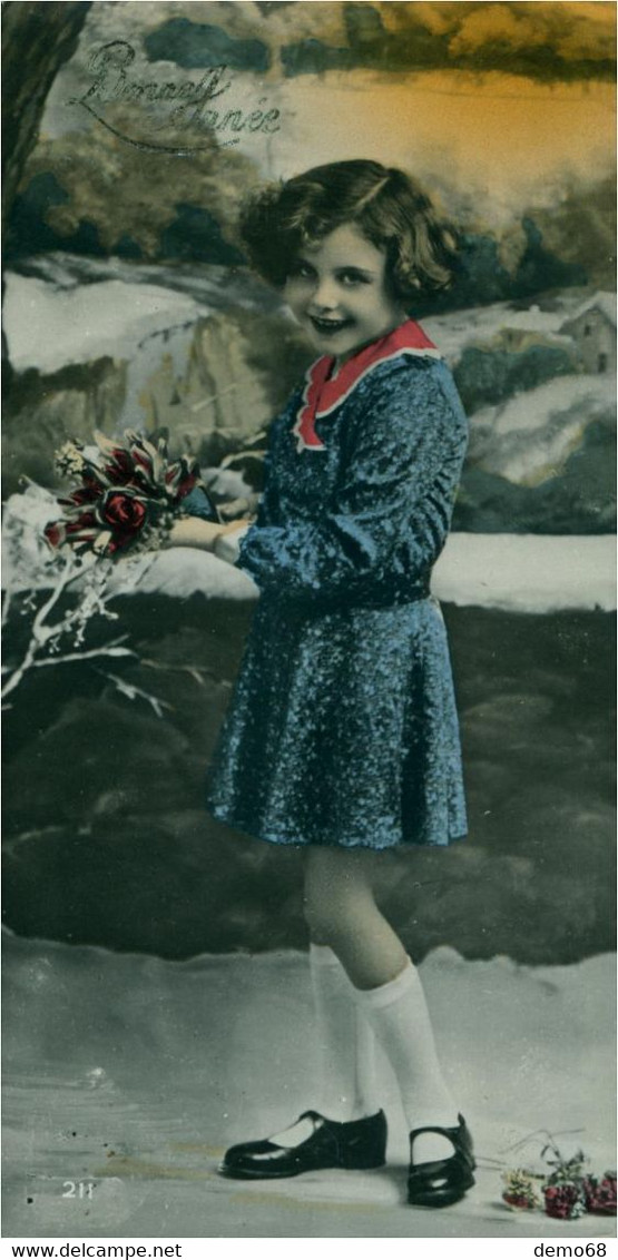 Fantaisie Fantaisies Mignonnette Vœux Bonne Année Superbes, Jeune Fille Enfant,fleurs, Bouquets, Lot  4 Mignonnettes - Autres & Non Classés