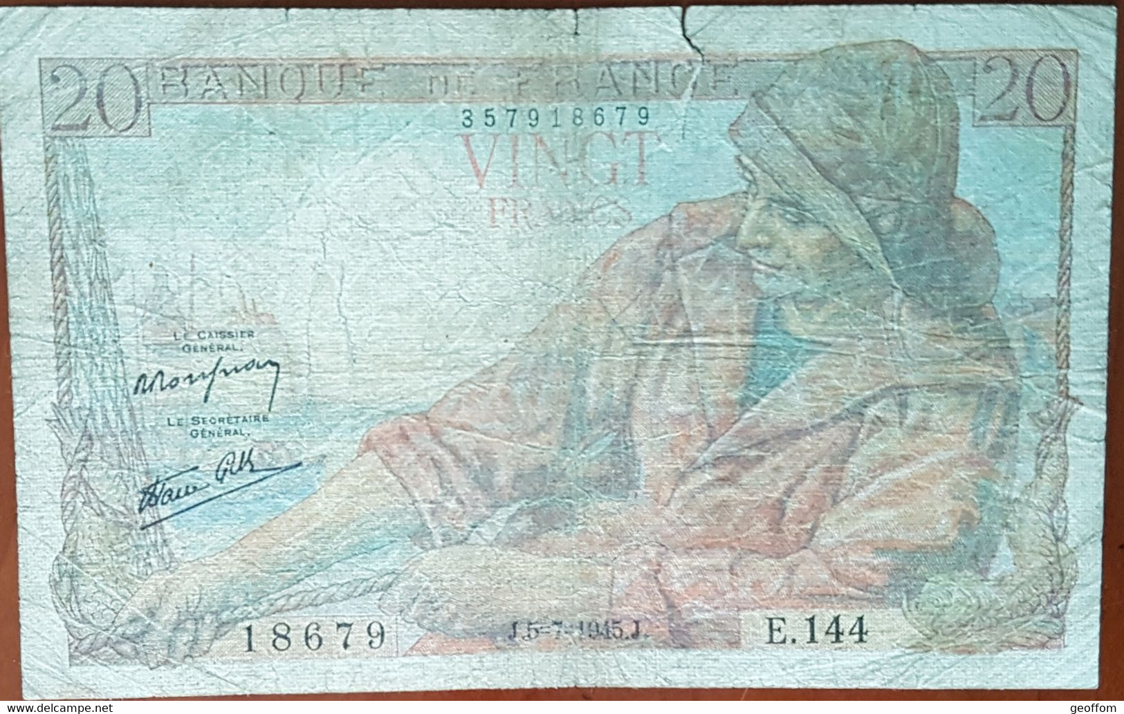 Billet 20 Francs PÊCHEUR 5 - 7 - 1945 FRANCE E.144 (cf Photos) - 20 F 1942-1950 ''Pêcheur''