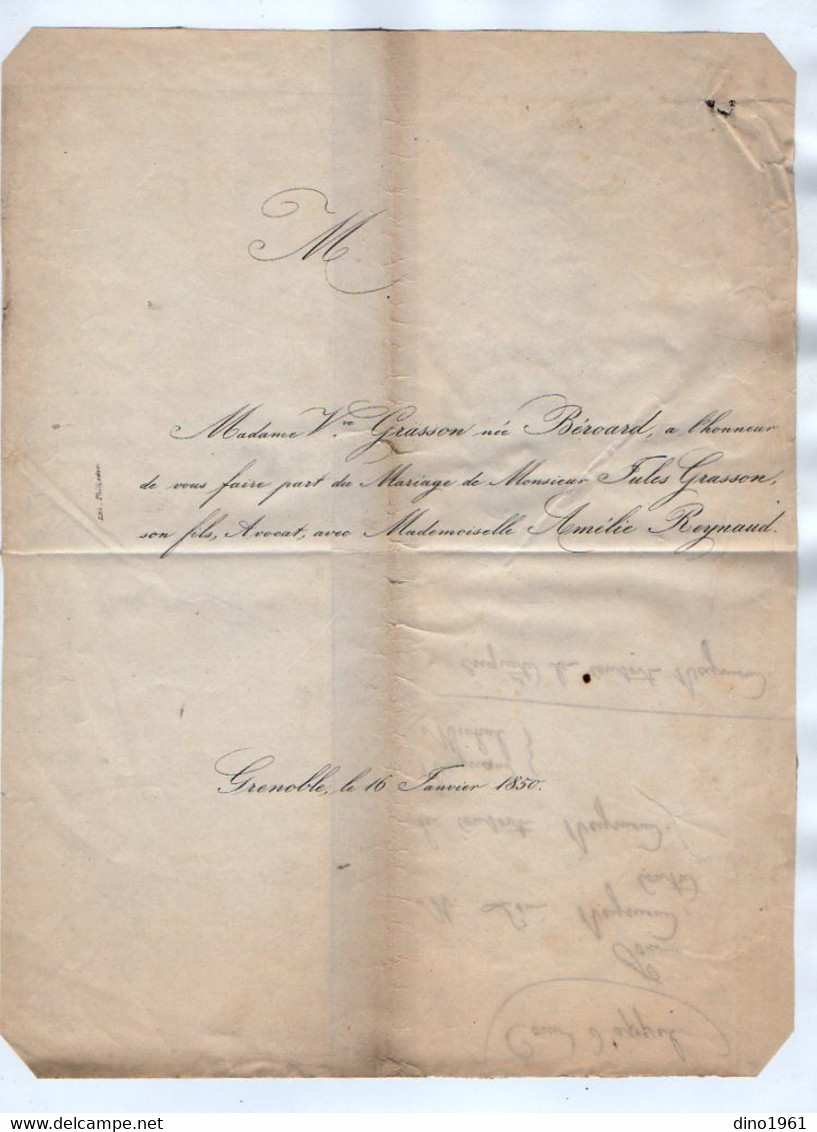 VP17.725 - GRENOBLE 1850 - Généalogie - Faire - Part Du Mariage De Mr Jules GRASSON Avocat & Melle Amélie REYNAUD - Mariage