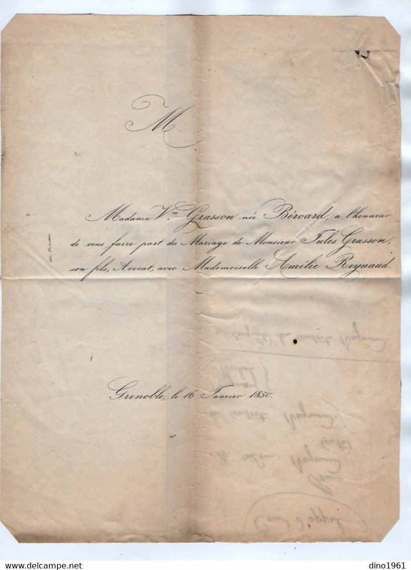 VP17.725 - GRENOBLE 1850 - Généalogie - Faire - Part Du Mariage De Mr Jules GRASSON Avocat & Melle Amélie REYNAUD - Annunci Di Nozze