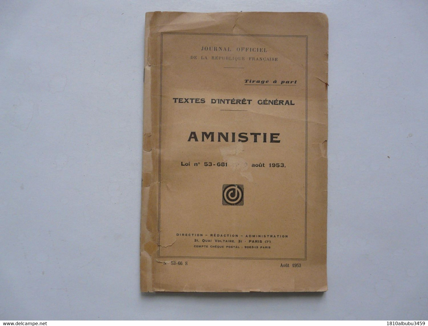 AMNISTIE - Tirage à Part JOURNAL OFFICIEL 1953 - Right