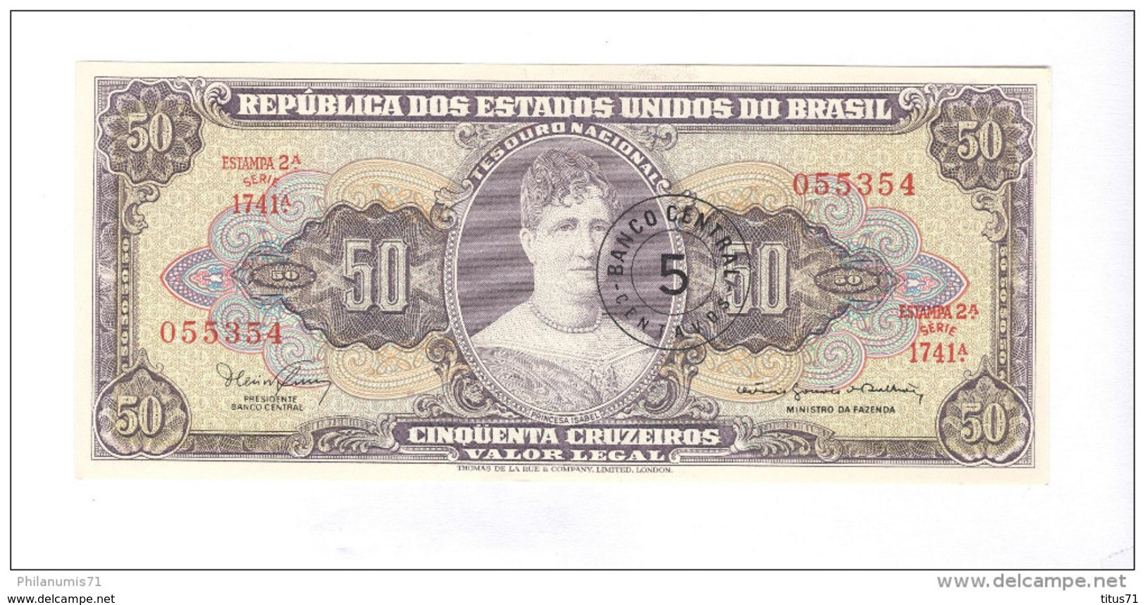 Billet 50 Cruzeiros Brésil / Brasil / Brazil 1954 - Bon état - 1 Pliure Vertical - Brésil