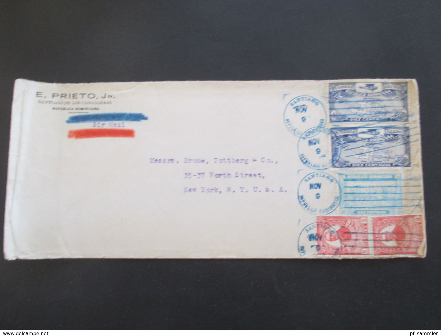 Dom.Rep. Dominica 1928 / 29 Luftpost / Air Mail Santiago - New York Correo Aero Mit Blauem Stempel. Dominikanische Repub - Dominicaine (République)