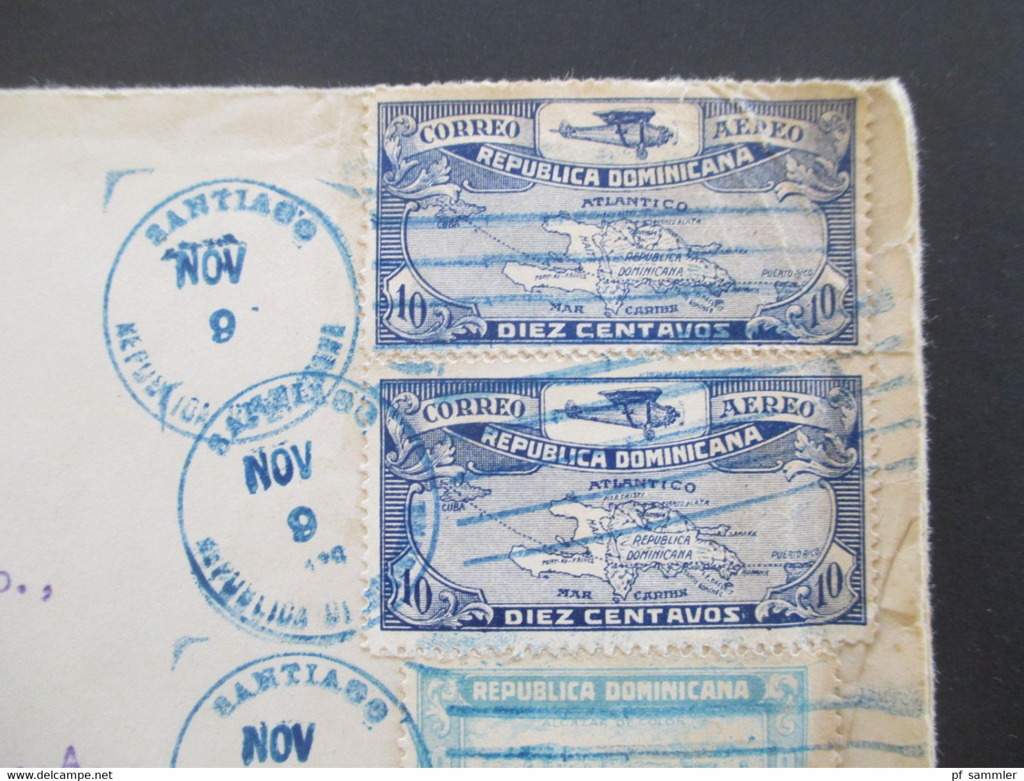 Dom.Rep. Dominica 1928 / 29 Luftpost / Air Mail Santiago - New York Correo Aero Mit Blauem Stempel. Dominikanische Repub - Dominikanische Rep.