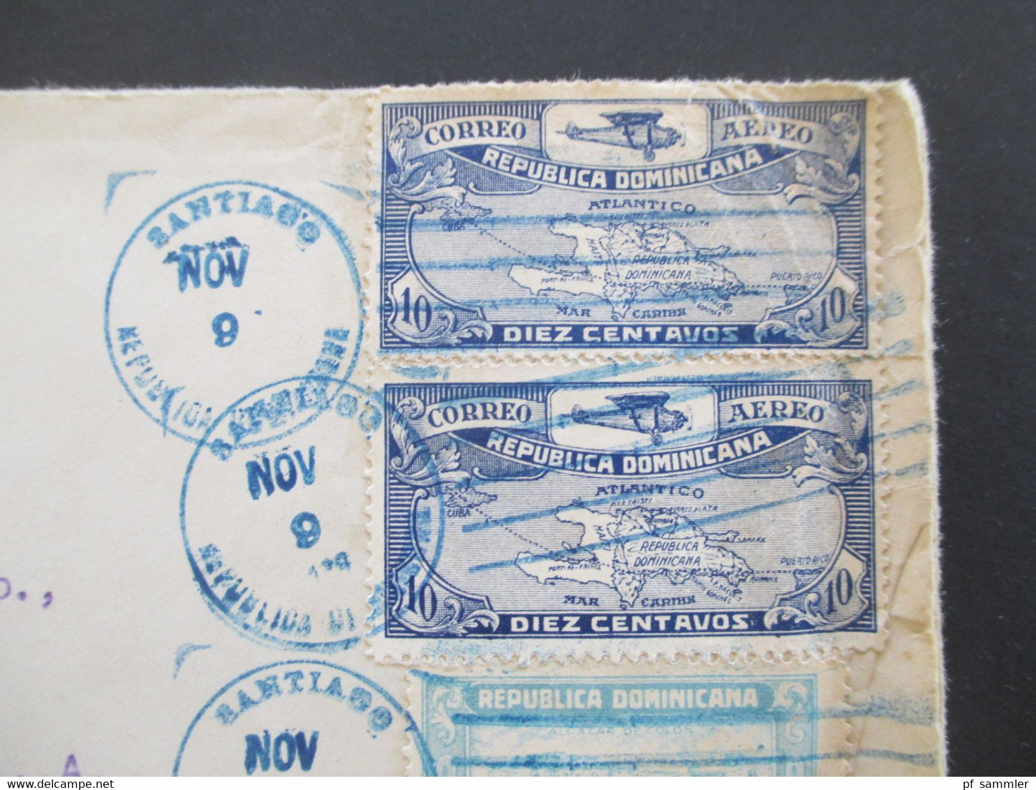 Dom.Rep. Dominica 1928 / 29 Luftpost / Air Mail Santiago - New York Correo Aero Mit Blauem Stempel. Dominikanische Repub - Dominicaanse Republiek