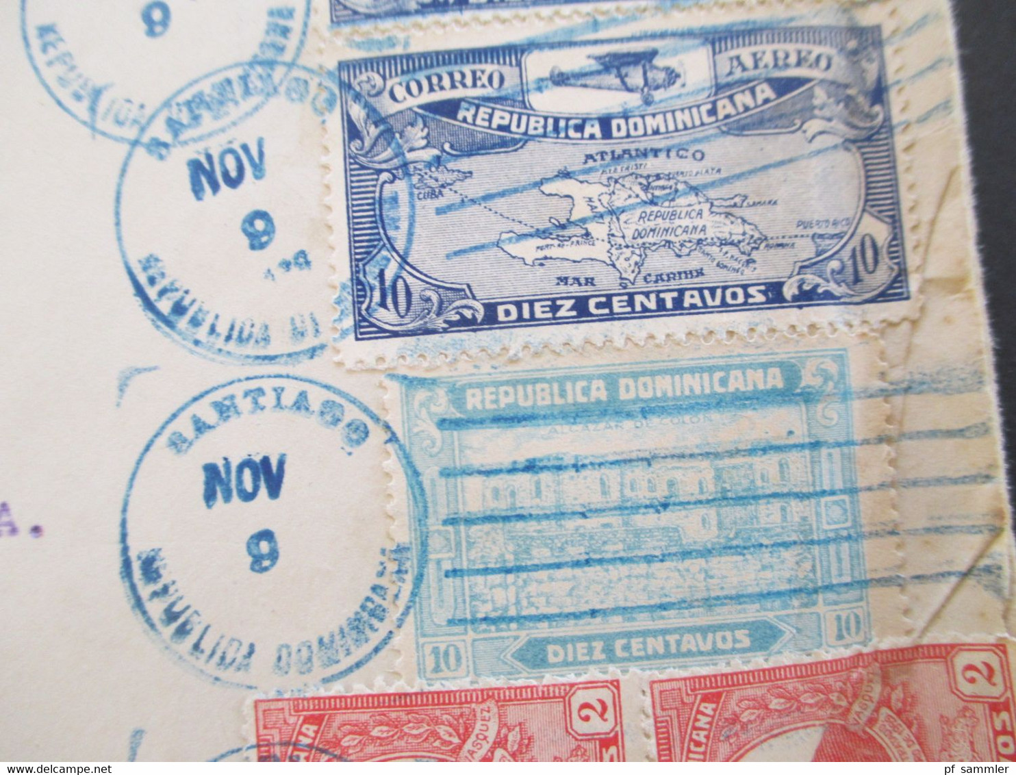 Dom.Rep. Dominica 1928 / 29 Luftpost / Air Mail Santiago - New York Correo Aero Mit Blauem Stempel. Dominikanische Repub - Dominikanische Rep.