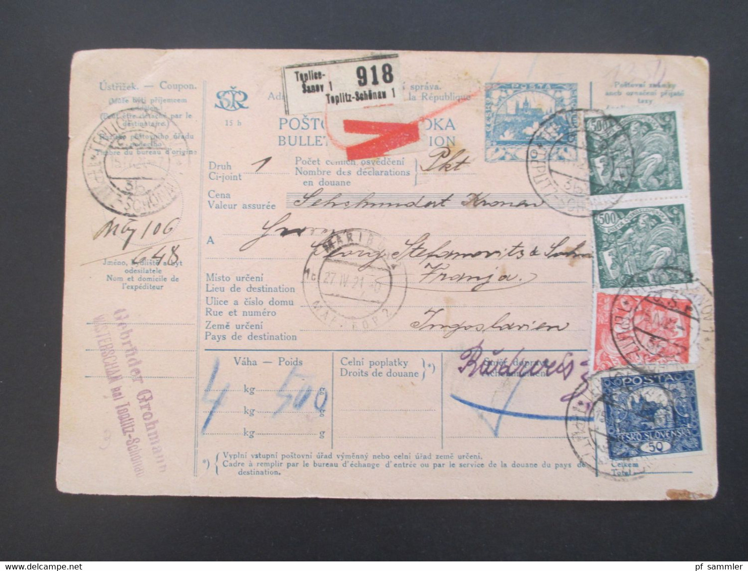 CSSR 1921 Hradschin Mucha Wert - Paketkarte Teplice Teplitz Schönau Sudetenland - Vranja Mit Steuermarke Und Vielen Stp. - Storia Postale