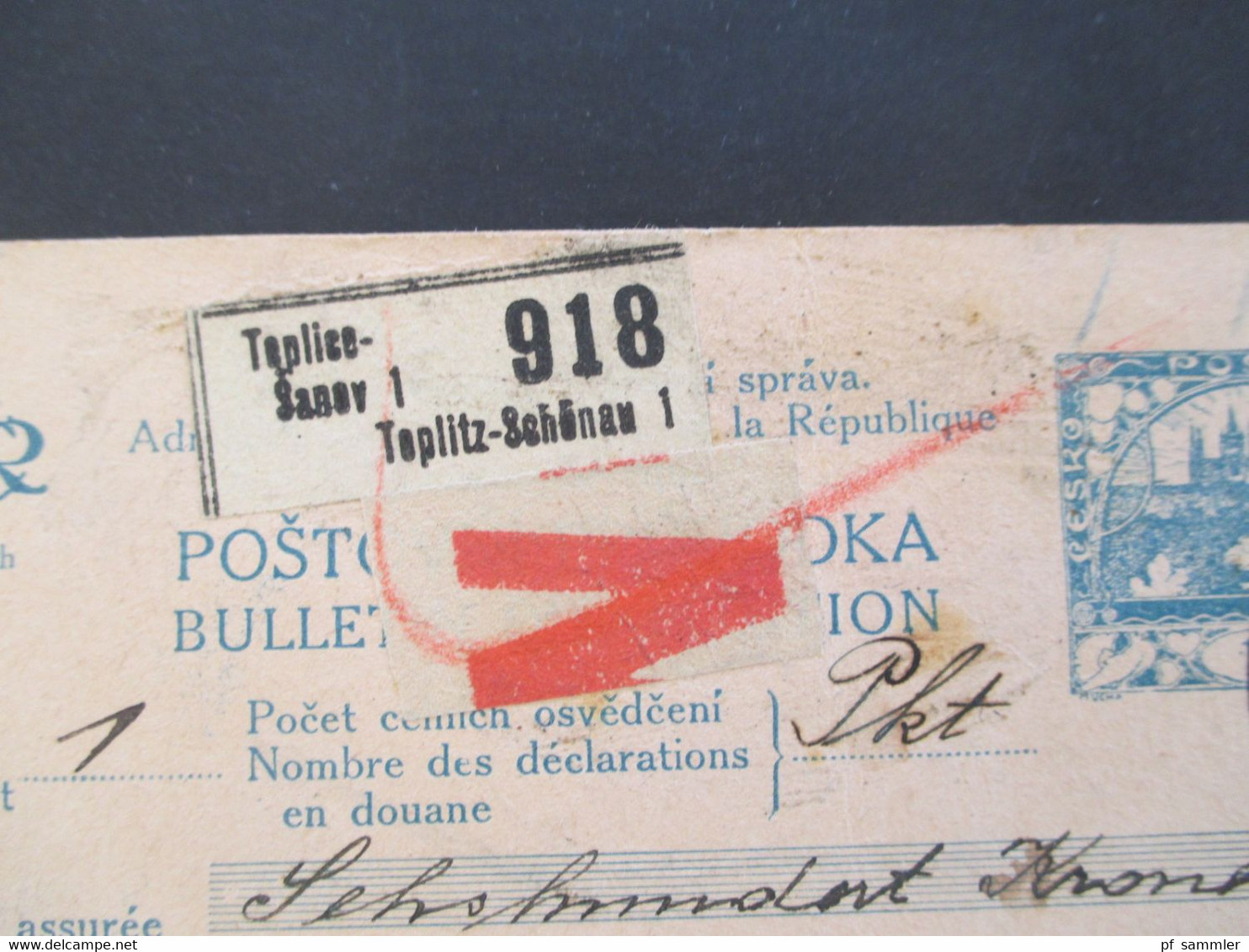 CSSR 1921 Hradschin Mucha Wert - Paketkarte Teplice Teplitz Schönau Sudetenland - Vranja Mit Steuermarke Und Vielen Stp. - Storia Postale