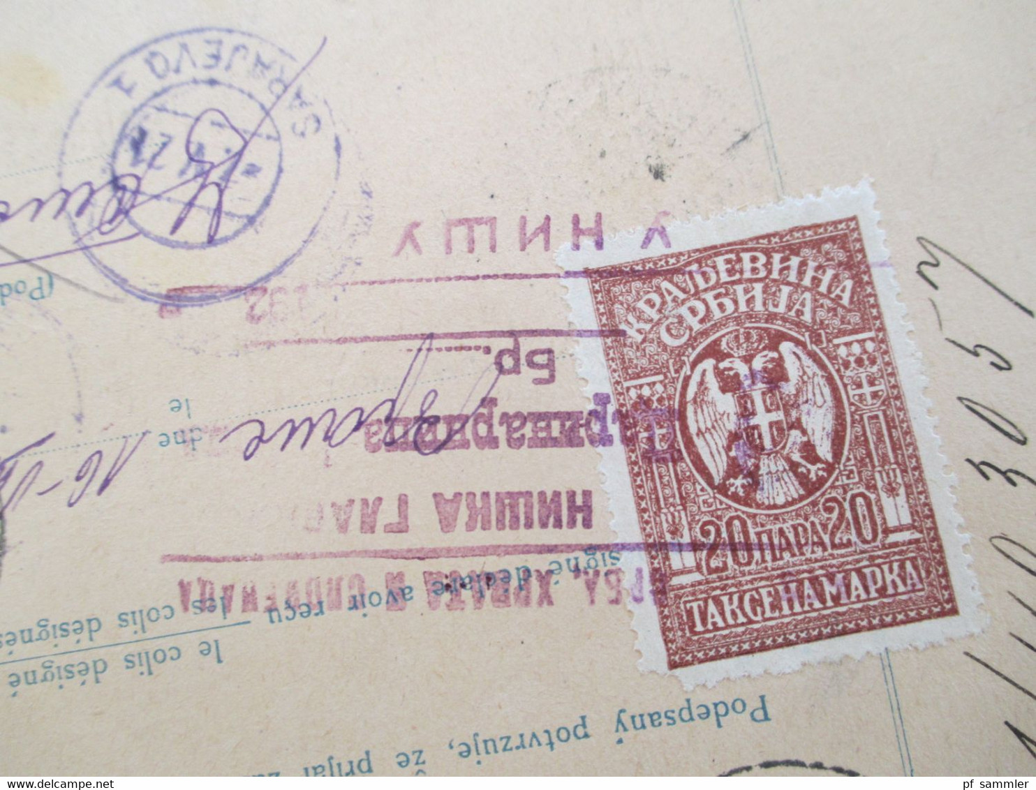 CSSR 1921 Hradschin Mucha Wert - Paketkarte Teplice Teplitz Schönau Sudetenland - Vranja mit Steuermarke und vielen Stp.