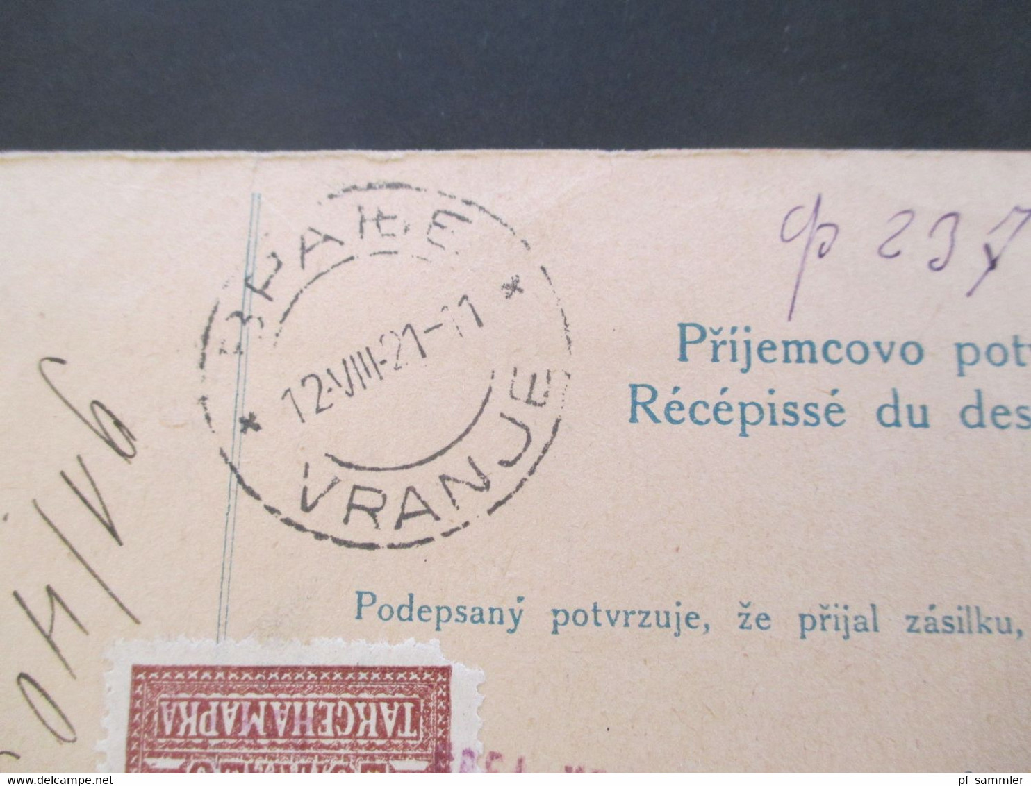 CSSR 1921 Hradschin Mucha Wert - Paketkarte Teplice Teplitz Schönau Sudetenland - Vranja mit Steuermarke und vielen Stp.