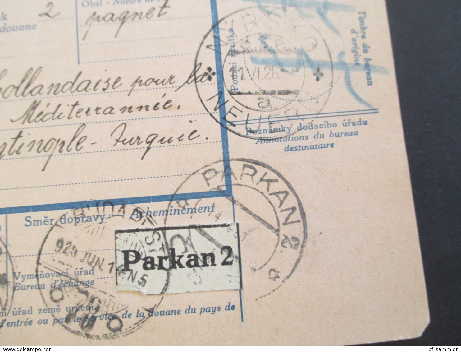 CSSR 1926 Paketkarte Nyrsko Neuern Sudetenland - Constantinople Rücks. Marken Der Türkei, Viele Stempel - Briefe U. Dokumente