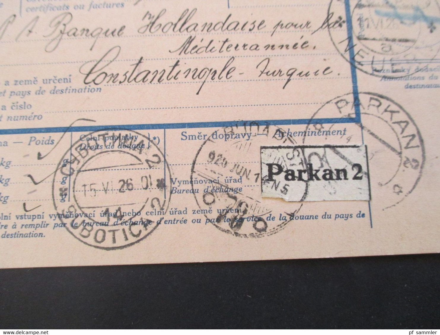 CSSR 1926 Paketkarte Nyrsko Neuern Sudetenland - Constantinople rücks. Marken der Türkei, Viele Stempel