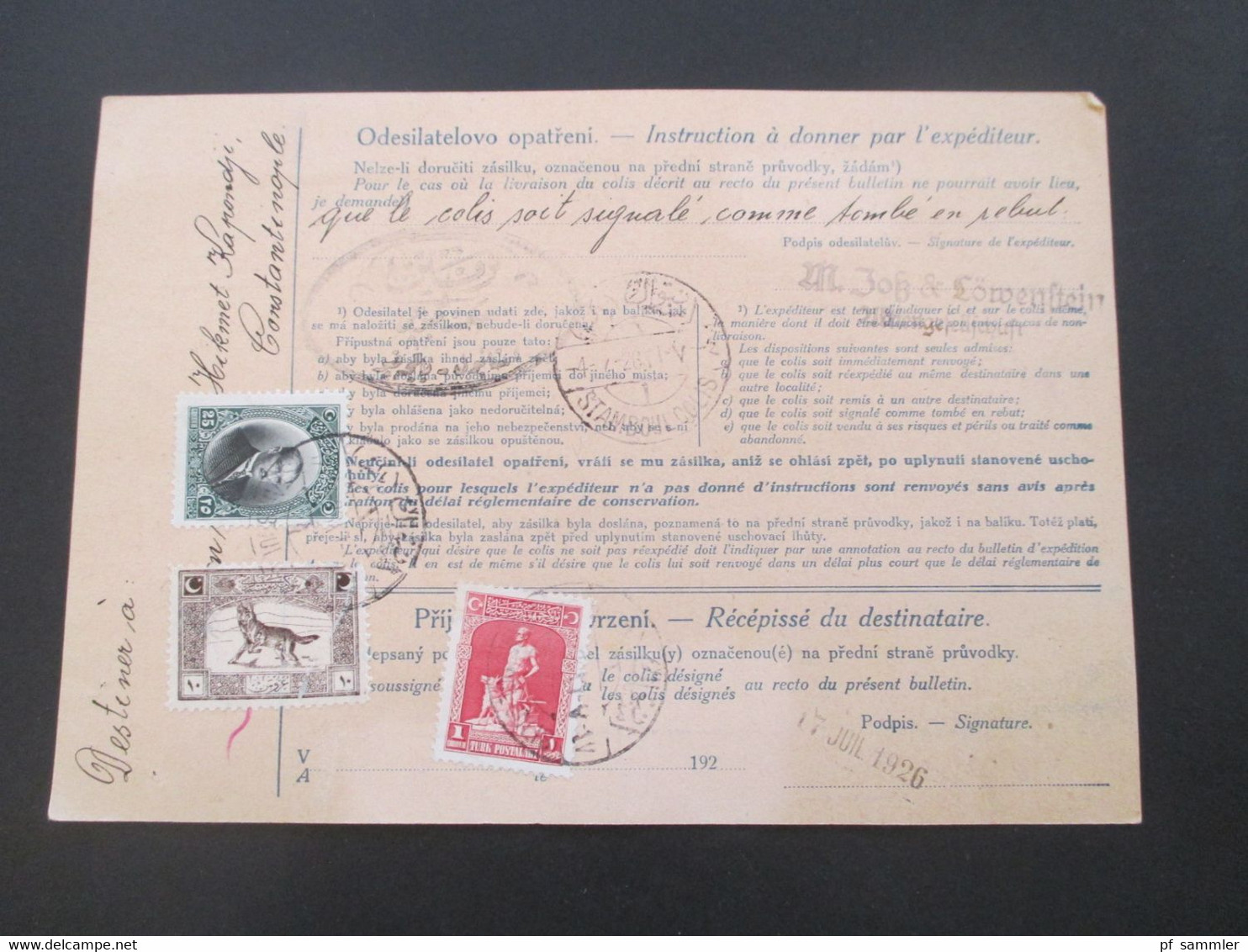 CSSR 1926 Paketkarte Nyrsko Neuern Sudetenland - Constantinople rücks. Marken der Türkei, Viele Stempel