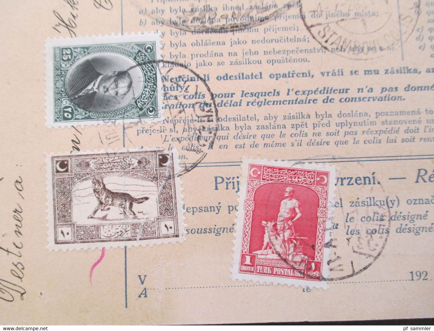 CSSR 1926 Paketkarte Nyrsko Neuern Sudetenland - Constantinople rücks. Marken der Türkei, Viele Stempel