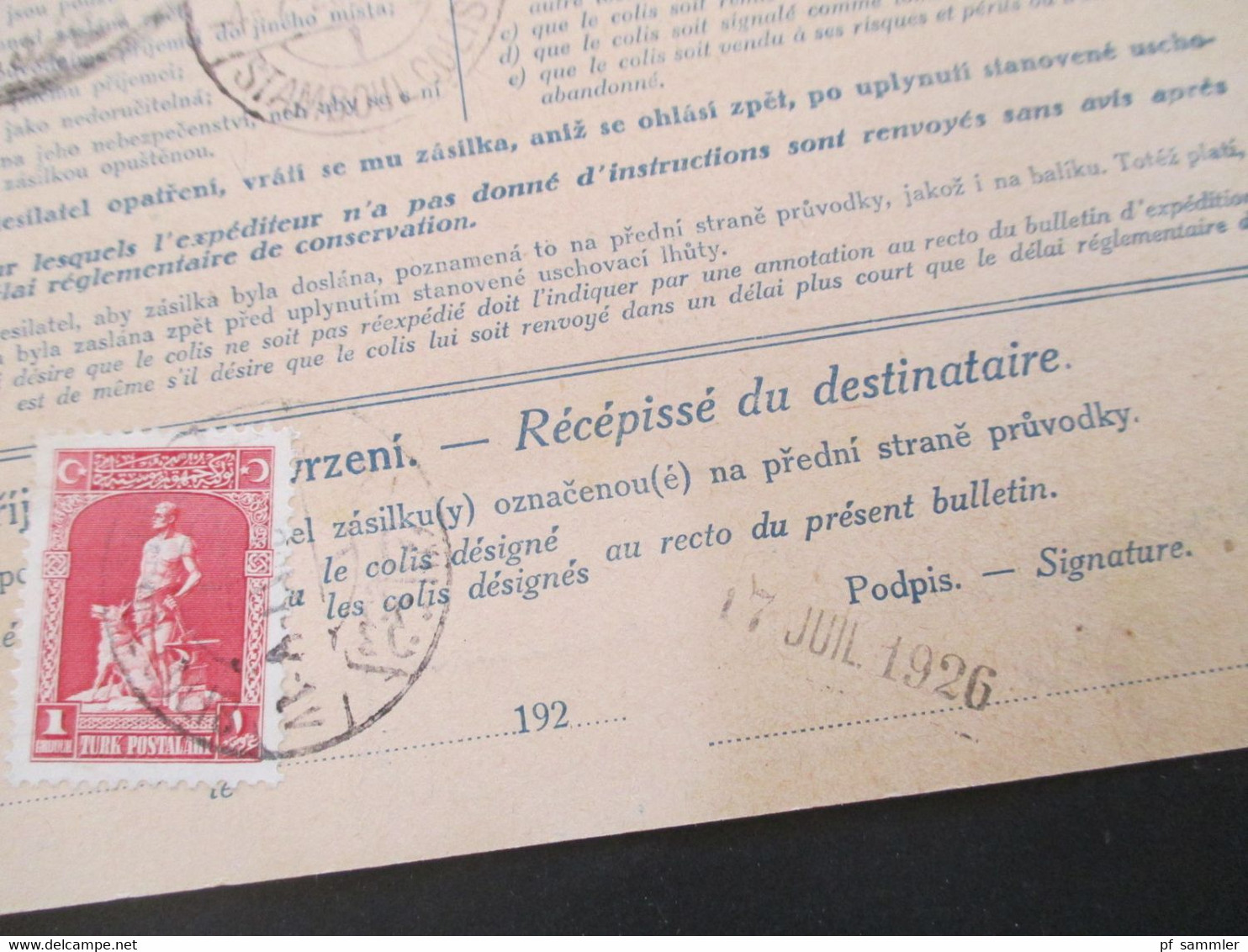 CSSR 1926 Paketkarte Nyrsko Neuern Sudetenland - Constantinople rücks. Marken der Türkei, Viele Stempel