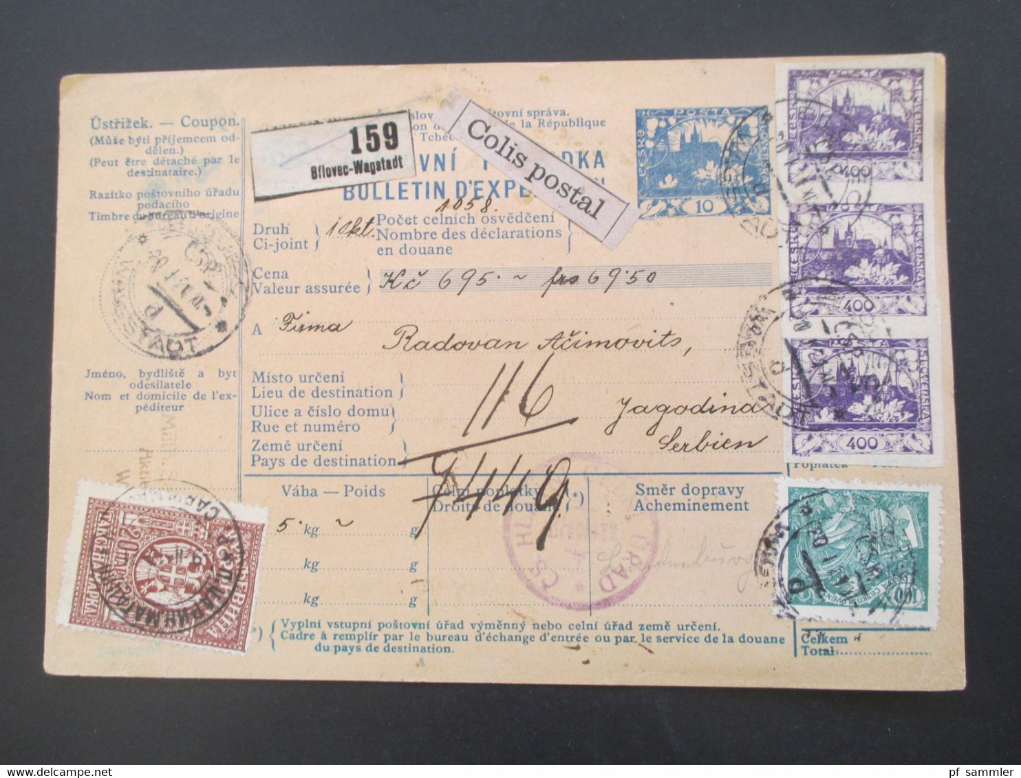 CSSR 1921 Hradschin Mucha 3er Streifen Paketkarte Wagstadt Sudetenland Mit Steuermarke Und Vielen Stempeln - Brieven En Documenten